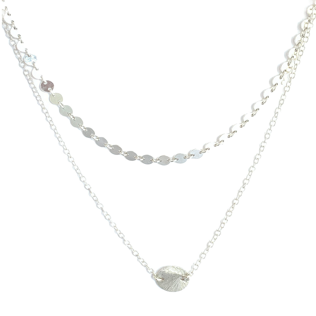 Double Chain Silver Disc Necklace